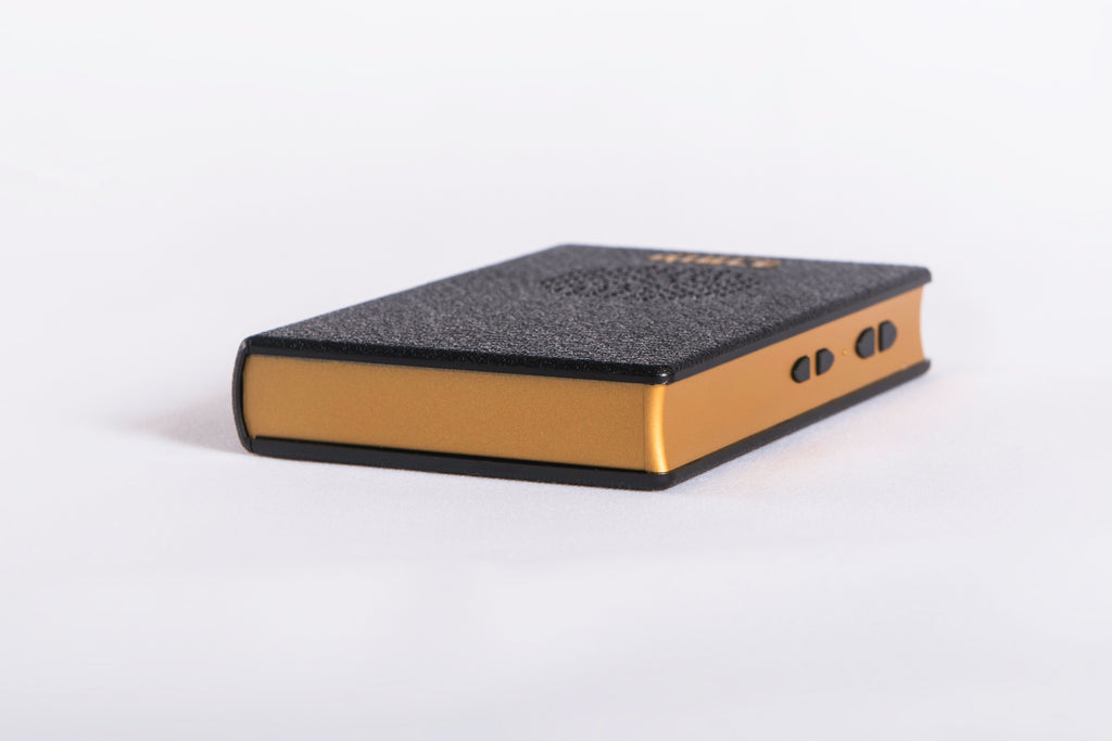 The Talking Bible is shaped like pocket Bibles